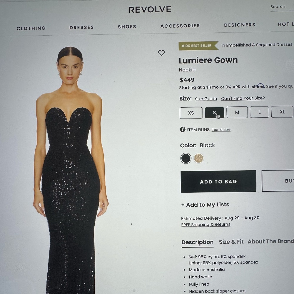 Nookie Lumiere Gown Size Small Black Sequin NWOT